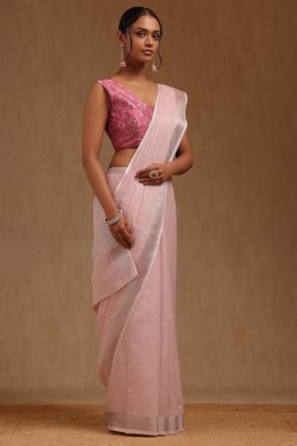 Soch Womens Pink Linen Solid Saree