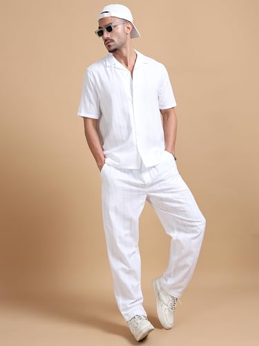 StitchX Men’s Airport Look Textured Seersucker Resort Cotton Shirt & Trouser Co-Ord Set Bright White M