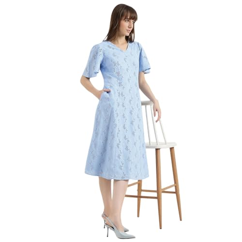 United Colors of Benetton Regular Fit V-Neck Schiffli Embroidered Dress (Size : S) - 26P4WVNDRS83I51B Blue