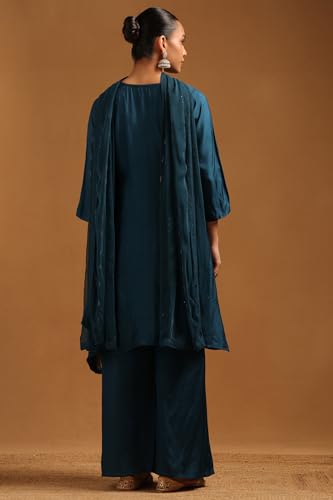 Soch Womens Teal Blue Roman Silk Floral Suit Set With Hand Embroidery and Bead Details