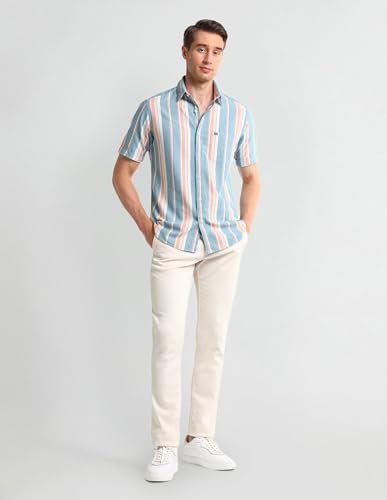 Arrow Sports Men's Striped Fitted Shirt (ASAISH1854_Teal