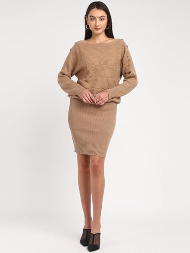 GUESS Women Beige Solid Boat Neck Dress
