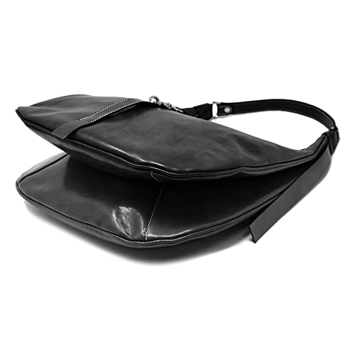 Floto Puglia Italian Leather Women's Shoulder Bag Handbag Purse, Black, Large
