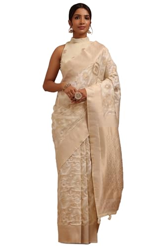 Soch Womens Cream Linen With Zari Woven Saree With Zari Woven
