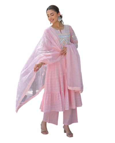 AVYUKTHA | Women Ethnic Motifs Embroidered Empire Kurta Set with Trors & Dupatta | Thread Work Fit Ethnic for Women | Pink, Size- S