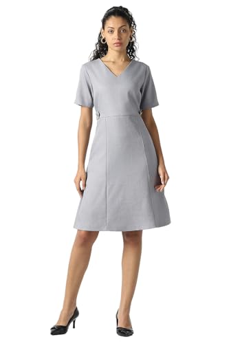 Women Grey Solid Knee Length Formal Dress