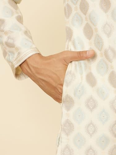 Manyavar Mens Cream Brocade Printed Kurta Pyjama Set