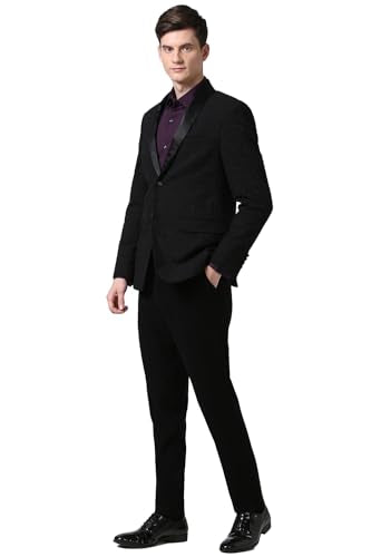 Men Black Textured Slim Fit Party Two Piece Suit