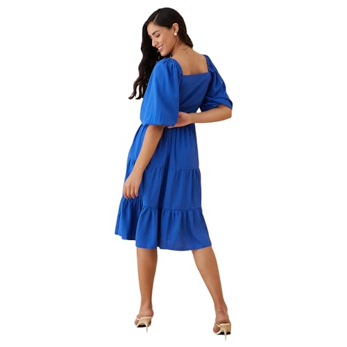 Rare Women Casual Blue Colour Midi Solid Dress (EP7532E_Blue_S)
