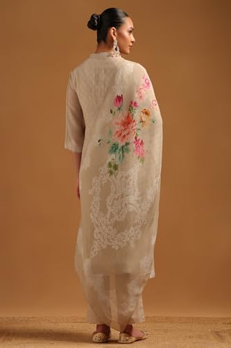 Soch Womens Beige Linen Floral Print Suit Set With Mirror Work