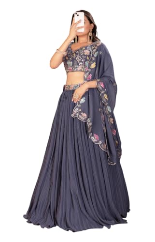 AMOSWAY Women's MULTI color Designer Thread, Zari Embroidery & Sequence work Lehenga Choli (lahenga stitched and choli unstitched) (GREY)