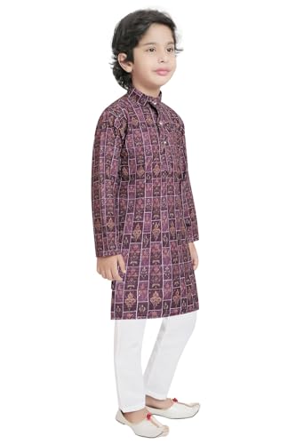 TinySteps Traditional Ethnic Wear Boys Printed Kurta With Sequence Work And White Cotton Elastic Waist Pajama Set (Wine)