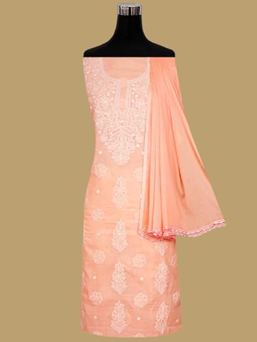 Ada Hand Embroidered Lucknowi Chikankari Unstitched Cotton Dress Material Suit Piece with Dupatta for Women 01A790900 Peach
