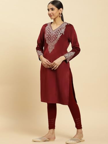 W for Woman Maroon Embroidered Flared Velvet Kurta (Size: 2XL)-24NOW10358-220780