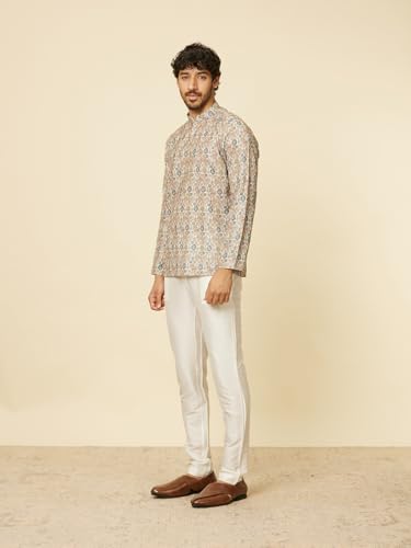 Manyavar Mens Beige Blended Cotton Printed Short Kurtas
