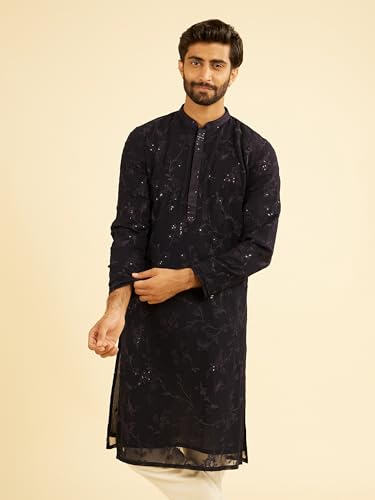 Manyavar Men's Georgette Floral Threadwork & Sequinned Kurta Churidar Set (Dark Blue,S)