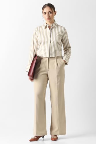 Women Beige Stripe Long Sleeves Formal Shirt