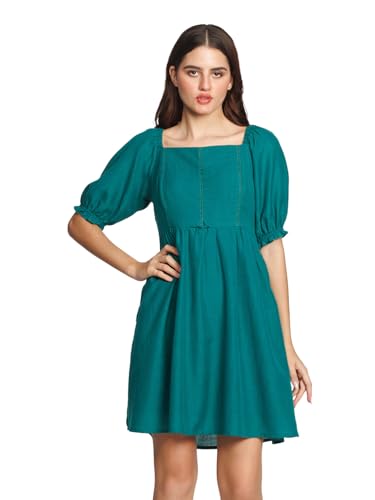 Zink London Women's Green Solid Flared Short Dress - SaumyasStore