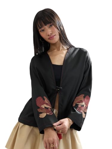 The Souled Store Tie-Up Shirt: Koi Women and Girls Full Length V-Neck Black Embroidered Polyester Oversized Fit Wrinkle-Free Lightweight All-Season Comfortable Everyday Oversized Shirt