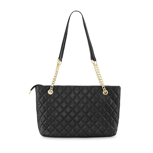 Fastrack PU Structured Quilted Tote Bag with Chain Shoulder Straps | Diamond Quilted Tote with Zipper Closure | Ladies Purse Handbag | Totes for Casual Carry