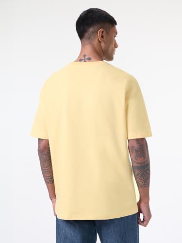 The Souled Store Flashback Fits: My Vibe Men and Boys Short Sleeves Round Neck Light Yellow Embroidered Casual Drop Shoulder Lightweight Streetwear Oversized T-Shirt