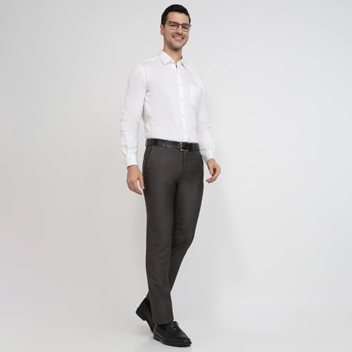 Raymond Men Slim Fit Structure Pattern Polyester Blend Flat Front Formal Trouser Dark Brown