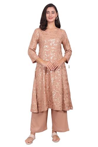 W for Woman Brown Floral Printed Sequins A-line Rayon Kurta with Flared Pants Set - (WS13702-401065-3XL)