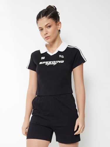 Max Women Striped Johnny Collar T-Shirt (Black_XL)