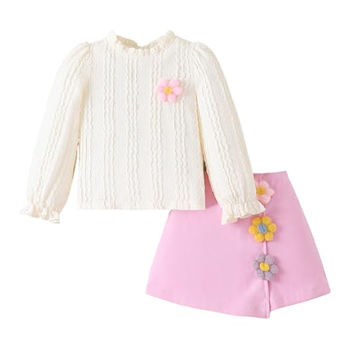 Hopscotch Girls Full Sleeves Cream 2-Pc Floral Applique Ruffled Blouse & Skort For Age (6-7 Years)