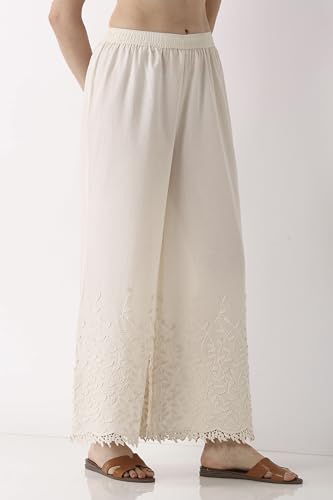 BIBA Women Off White Cotton Flared Palazzos_S