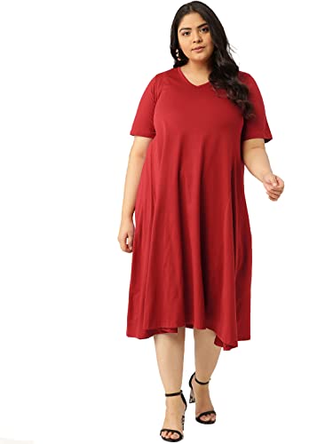 theRebelinme Plus Size Women's 4814DC_Maroon Solid Color V-Neck Cotton A-Line Dress(XXXXXL)