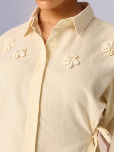 The Souled Store Seashell Women Full Length Spread Collar Off White Embroidered Cotton Linen Blend Regular Fit Breathable Side Tie-Up Lightweight Everyday Shirt for Casual Wear