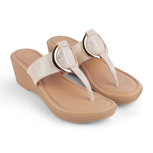 tresmode MING Women's Wedges Sandals Platform Heels Gold, 7 UK / 40 EU - Round Open Toe Comfortable Soft Footwear