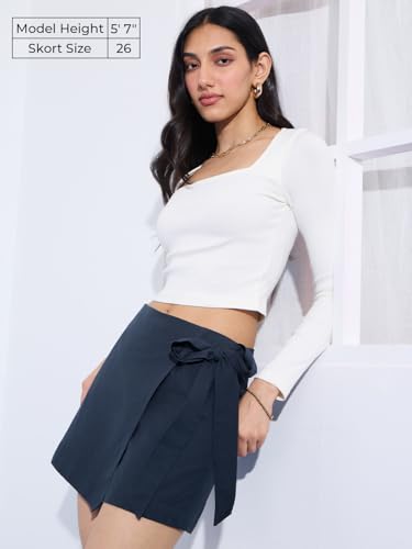 The Souled Store Cotton Linen Skorts: Navy Women and Girls Wrap Around Solid Blue Mini Cotton Linen Skorts