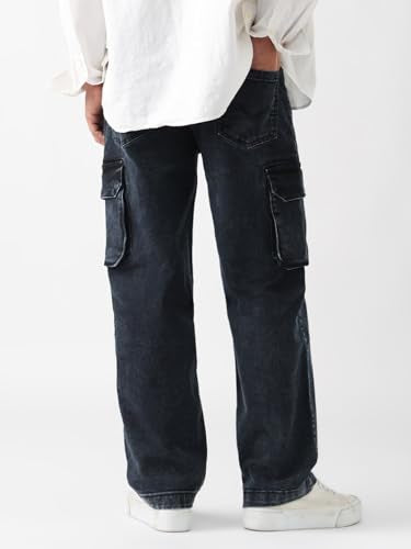 The Souled Store Solids: Stone Grey Men and Boys Buttoned Straight Fit Cargo Jeans