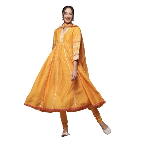 BIBA Polycotton Women Printed Anarkali Salwar Kurta Dupatta(SKDBANDHEJ8993_MAN_32), Yellow