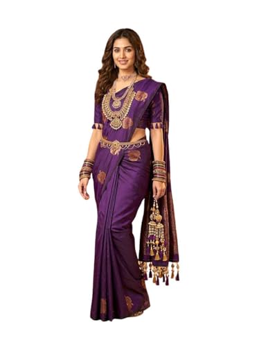 VFCollections Women's Kanchipuram Silk Pure Pattu Sarees- No Border/Zero Border - Teen & Mid age With Blouse (VFC263-9)