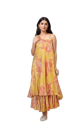 W for Woman Yellow Floral Printed Zari Work A-Line Tissue Dress - (W13202-126222-XS)