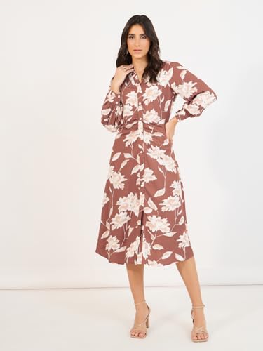 Styli Women’S Floral Print Collared Long Sleeves A-Line Midi Dress | Classic Shirt Collar, Cuffed Sleeves, Flattering A-Line Silhouette. Perfect for Parties & Special Events.