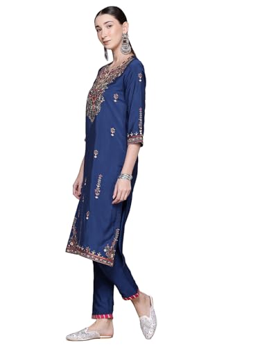 Aarke Ritu Kumar Blue Pearl Petal Solid 3/4Th Sleeve Kurta With Pant And Dupatta