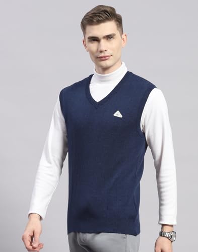 Monte Carlo Mens Blue Solid V Neck Sleeveless Wool Casual Sweater | Warm Woolen Pullover for Men | Soft Comfortable Knitted Winter Wear Sweater for Men's