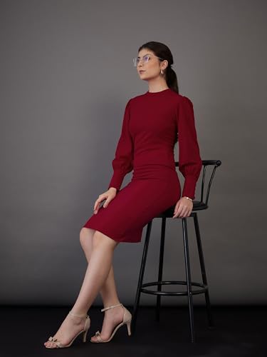 Sassafras worklyf Women's Red Puff Sleeves Bodycon Midi Dress-XS