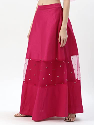 studio rasa Women's Girls Dupion & Net Sequins Embroidered Panelled Skirt for Wedding Festive (SKTC32205XL_X-Large_Pink)