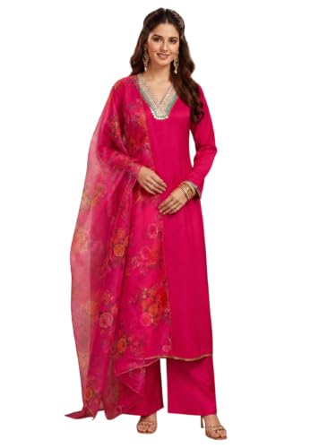 Varanga Women Red Kurta Trousers Set V Neck Silk Blend Zari