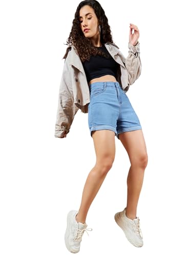 Dolce Crudo Women's Dark-Blue Relaxed-Fit Mid Rise Highly-Distressed Denim Shorts (DOSS24DEN79-16-578-26, Independence Blue, 26)