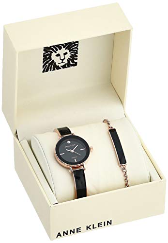 Anne Klein Women's Genuine Diamond Dial Rose Gold-Tone with Bracelet Set, Rose Gold/Black