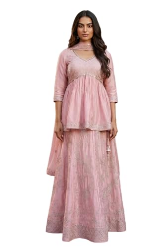Aurelia Women's Pink Sequins Flared Top with Skirt and Dupatta Set - (AD10765-E609132-XL)