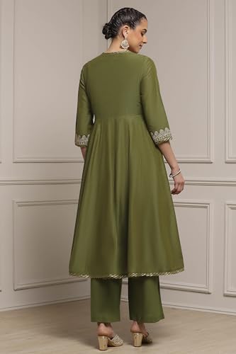 Biba Women Sage Green Polyester Blend Anarkali Embroidered Suit Set_36
