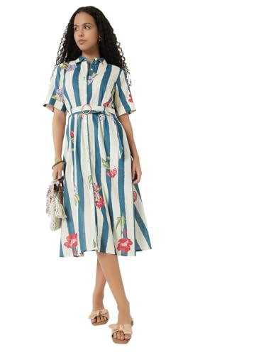 Max Women Printed Belted A-line Shirt Dress(White_L)