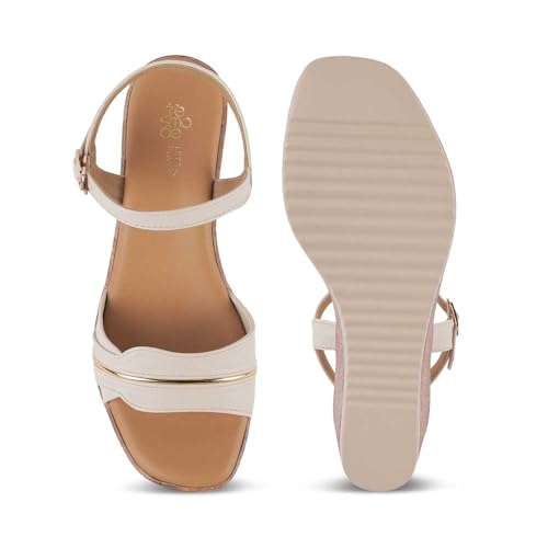 tresmode SANET Women's Wedges Sandals Platform Heels Cream, 5 UK / 38 EU - Round Open Toe Comfortable Soft Footwear - Vegan Friendly Durable